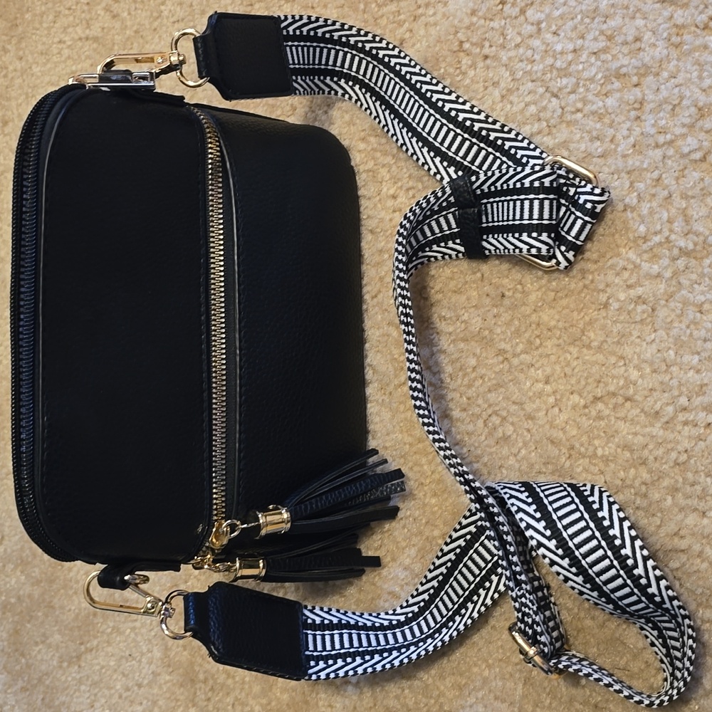Black Crossbody Bag with Patterned Strap
